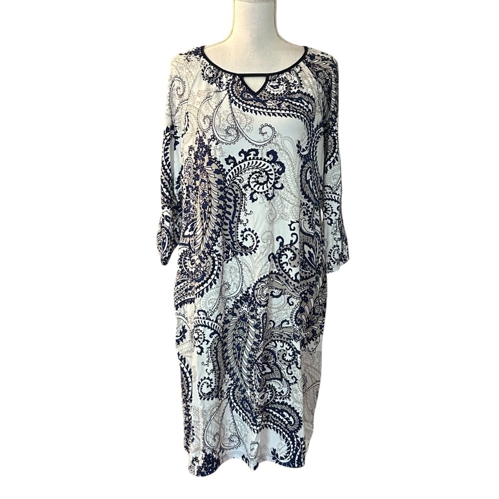 # Chico's White, Gray & Navy Paisley Cold-shoulder Dress Sz L